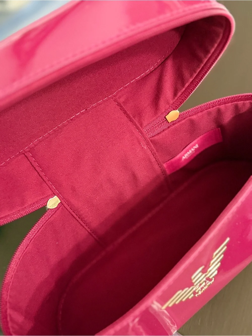 Emporio Armani Beauty Hot Pink Patent Vanity Cosmetic Makeup Bag Gold Logo NWT